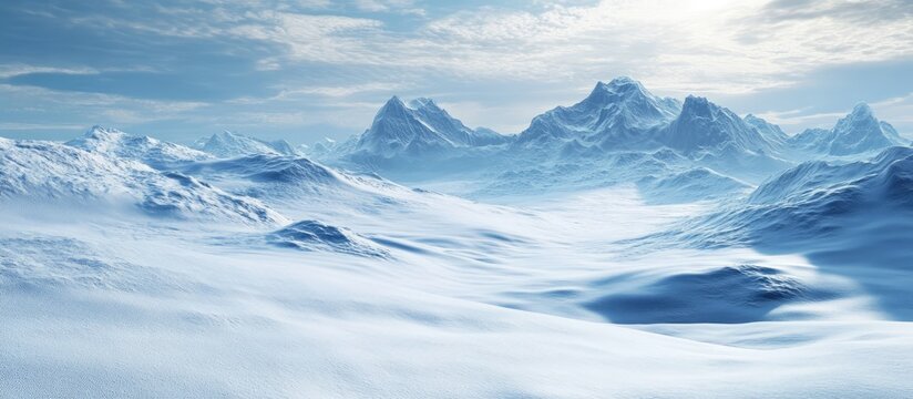 Serene winter snow landscape with majestic mountains and a soft blue sky creating a peaceful and tranquil atmosphere