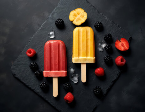 Refreshing summer popsicles with assorted berries on dark slate background