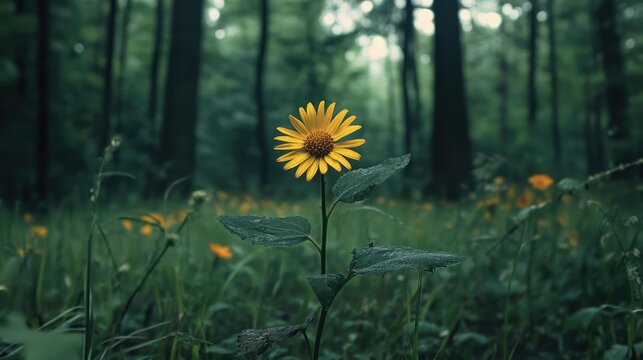Vibrant wild yellow hawksbeard flower blooming in a lush green forest with soft natural light creating an enchanting atmosphere