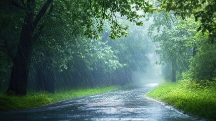 Obraz premium Rain-soaked nature trail surrounded by lush greenery evoking tranquility and the beauty of outdoor exploration.