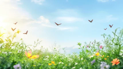 Fototapete Rund colorful wildflowers in bloom with butterflies flying under a bright blue sky in a serene and vibrant natural landscape © CreativeBro