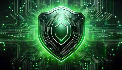A digital shield icon with a glowing green outline, set against a circuit board background, symbolizing cybersecurity and protection.