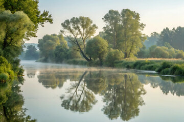 Obraz premium Narrow Branch of the River in the Mountains: A Scenic View of a Narrow River Branch Winding