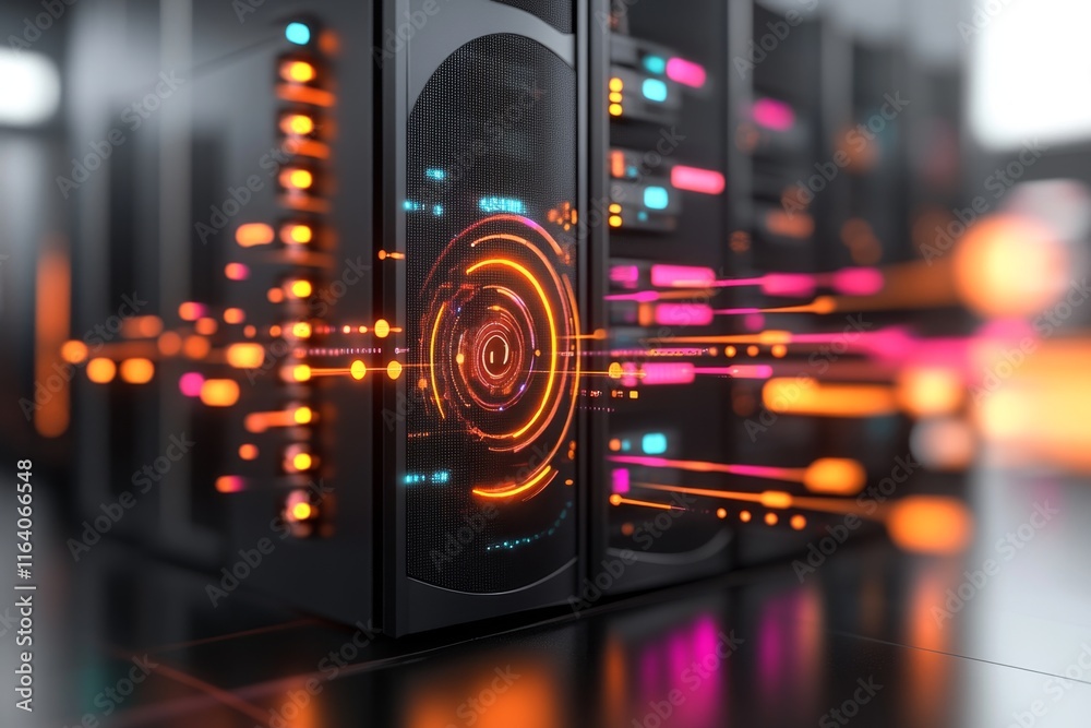 Poster a 3d-illustrated it environment with vibrant server racks, glowing data streams, and futuristic cont