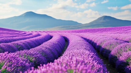 Vibrant lavender field with wild poppy flowers in selective focus showcasing agricultural beauty under a clear blue sky.