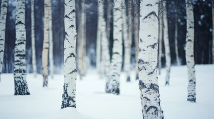 Fototapeta premium Serene birch forest blanketed in snow creating a tranquil winter landscape with gentle snowfall and soft light filtering through trees