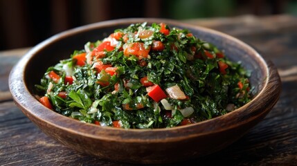 Fresh Herb Salad with Colorful Vegetables Served in a Rustic Wooden Bowl Ideal for Healthy Eating and Herbal Medicine Concepts