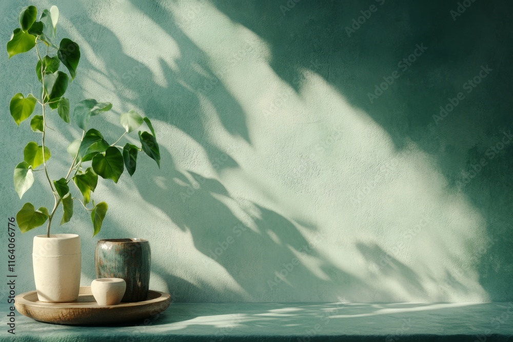 Aufkleber a 3d-rendered ivy wall with leaves casting dynamic shadows in a soft, glowing light
