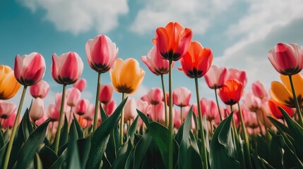 Obraz premium Vibrant tulip flowers in a colorful field against a backdrop of a dramatic cloudy sky showcasing nature's beauty in springtime.