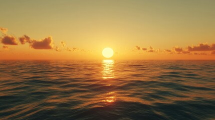 Obraz premium Serene sunset over tranquil ocean waters with shimmering reflections and soft clouds in a vibrant sky at dusk.