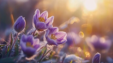 Spring Blooming Pulsatilla Patens Flowers with Soft Sunlight and Bokeh Background in Natural Setting