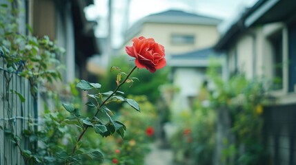 Blossoming red rose in a picturesque garden setting with lush greenery and charming architecture in the background