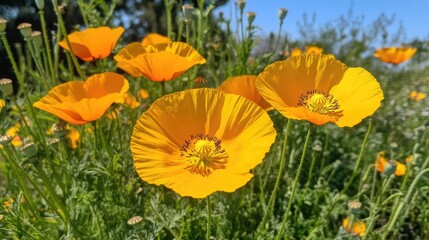 Obraz premium Vibrant wild poppy flowers blooming in a sunny field against a clear blue sky showcasing nature's beauty in full bloom