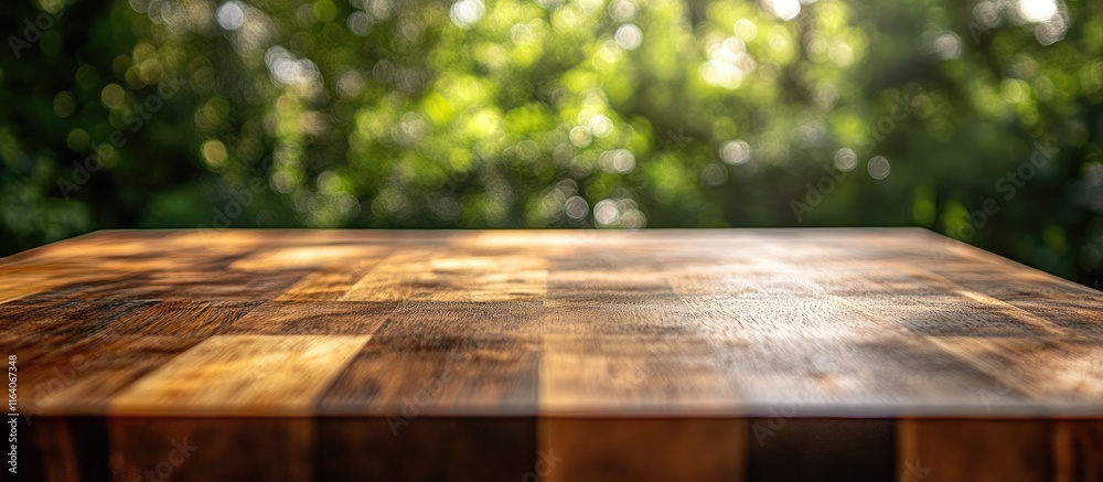 Wall mural rustic wooden tabletop with warm finish and abstract bokeh background ideal for product displays and