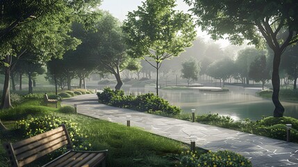 Tranquil Park Landscape at Dawn with Lush Greenery, Serene Water Reflection, and Inviting Walking Path Surrounded by Vibrant Flora and Trees