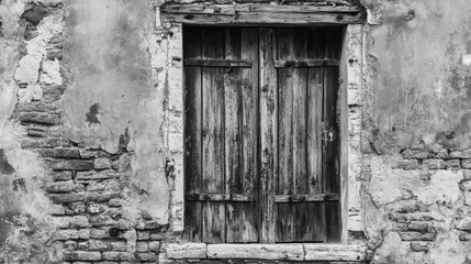 Weathered wooden window shutters on aged brick wall highlighting historic architectural details in a monochrome urban setting.