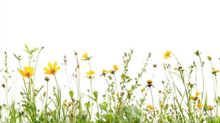 Fototapeta premium Wildflowers and yellow blooms with lush green foliage isolated on a clean white background for nature and botanical concepts