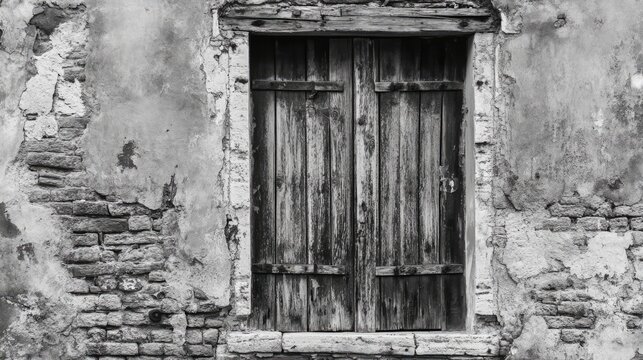 Weathered wooden window shutters on aged brick wall highlighting historic architectural details in a monochrome urban setting.