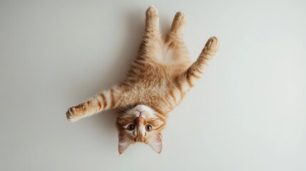 Obraz premium Domestic Orange Striped Cat in Playful Position Against Neutral Background Showcasing its Quirky Behavior and Charming Personality