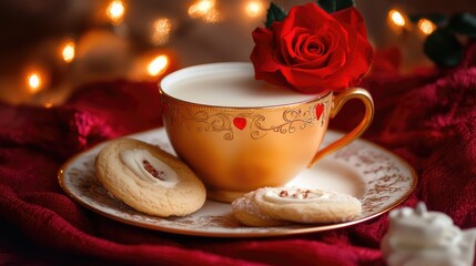 Fototapeta premium Elegant orange golden cup adorned with a red rose filled with milk accompanied by delicious cookies on a decorative plate.