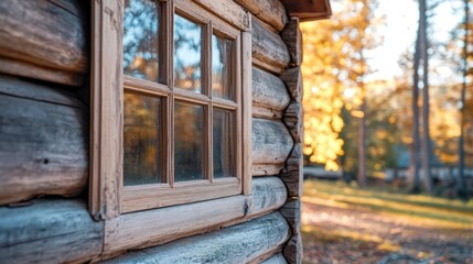 Log cabin window with autumn leaves in the background showcasing rustic architecture and nature's...