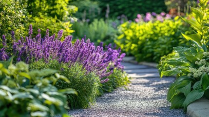 Serene garden path surrounded by vibrant purple flowers and lush green foliage in a tranquil outdoor setting