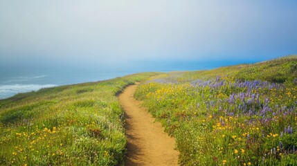 Obraz premium Vibrant wildflowers adorning a serene dirt trail that winds toward a tranquil beach under a clear blue sky.