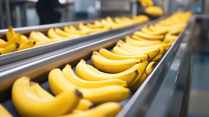 Bananas on conveyor belt in food processing facility showcasing ripe yellow fruit arranged for industrial production in wide format