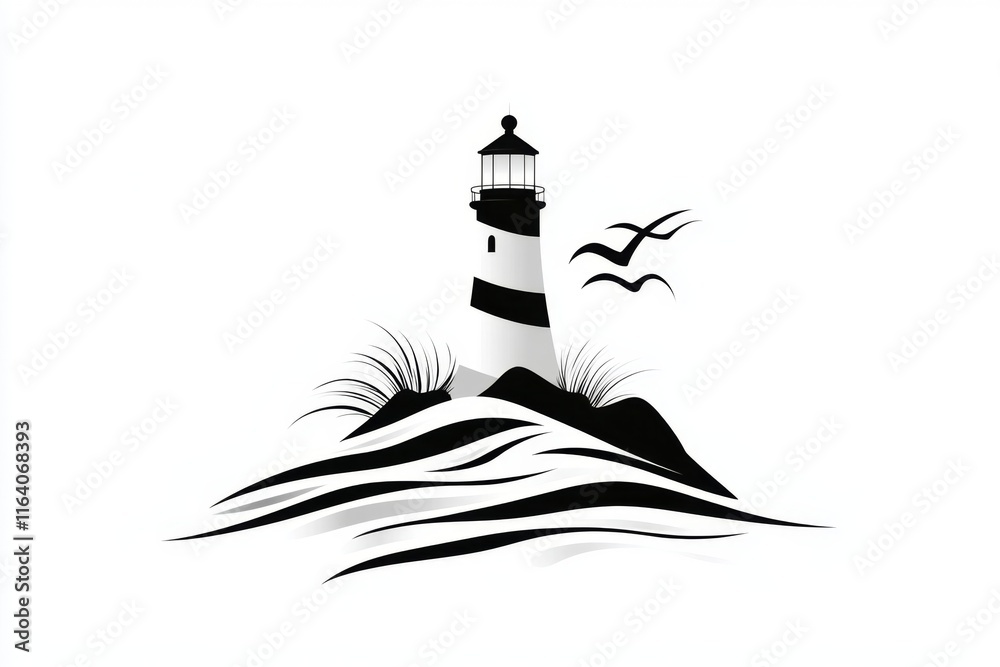 Poster A clean outline of an island with a lighthouse and waves, representing a simple yet iconic image of seclusion