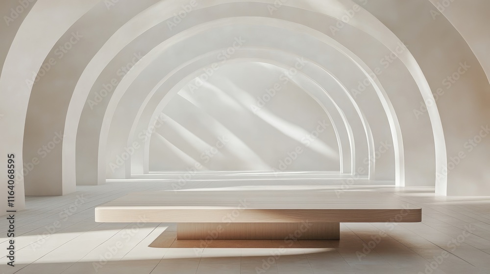 Wall mural minimalist wooden table in modern amphitheater setting ideal for product display with soft natural l