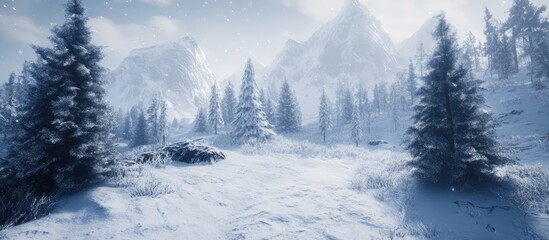 Obraz premium Snowy winter landscape with fir trees and majestic mountains under a serene sky creating a tranquil natural atmosphere