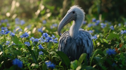Fototapeta premium Majestic Shoebill Stork in Blooming Wetlands Surrounded by Blue Flowers Capturing Nature's Beauty and Wildlife Serenity
