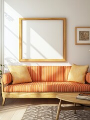 Modern Living Room Featuring Orange Striped Sofa and Wooden Frame