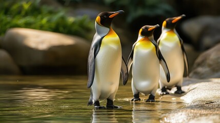 Fototapeta premium Penguins wading in shallow water on a remote island showcasing their natural habitat and behavior in a serene environment.