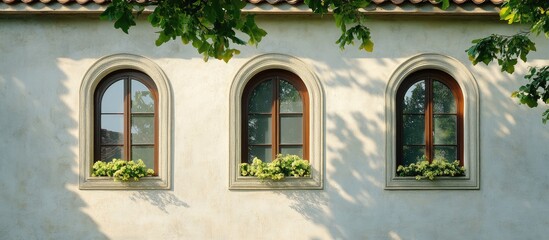 Traditional architectural windows with arched frames and flower displays, showcasing classic design...