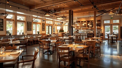 Modern restaurant interior design featuring wooden furniture, bright windows, and a stylish bar area creating a warm and inviting dining atmosphere for patrons