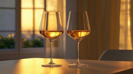 Elegant wine glasses filled with white wine reflecting warm golden hour light indoors