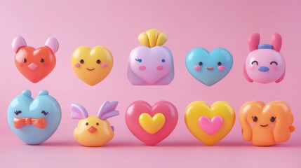 Naklejka premium 3d cartoon colorful heart shape toy collection, isolated on light pink background. Suitable for Valentine's Day and Mother's Day decoration.
