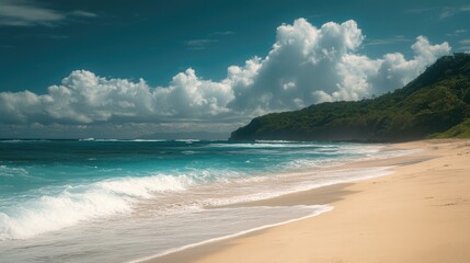 Fototapeta premium Idyllic sandy beach with turquoise waters and lush green coastline under a blue sky with fluffy clouds, perfect for travel and relaxation.