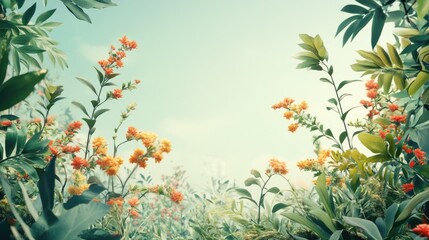 Vibrant wildflowers blooming under a serene summer sky in a lush green landscape with delicate foliage