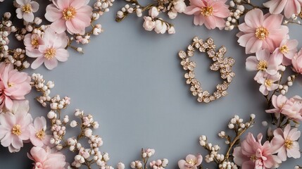 Floral vintage frame with earrings on gray background space for text mockup for congratulations phrases and lettering