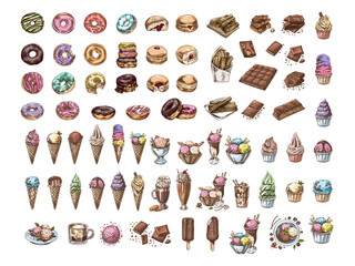 Hand-drawn colorful sketch set of donuts, ice cream, and chocolates