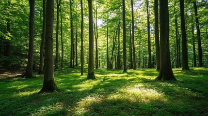 Obraz premium Serene forest landscape with tall trees and soft sunlight filtering through lush green foliage