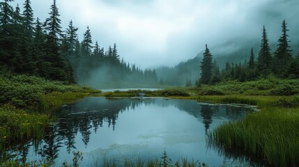 Serene misty landscape with lush greenery surrounding a tranquil pond and fog-covered mountains in the background.