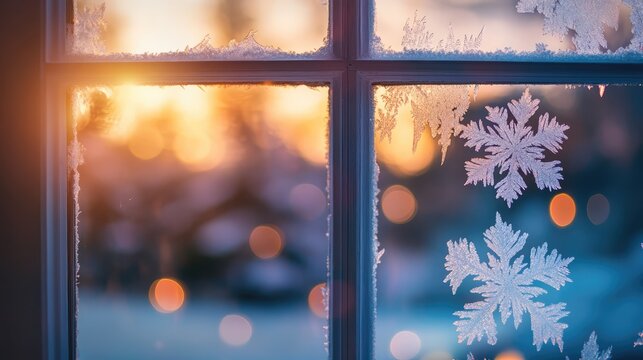 Frosted window frame with snowflake patterns and colorful festive bokeh lights during a winter sunset scene - Powered by Adobe