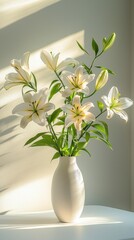 Elegant Arrangement of White Lilies in a Minimalist Vase with Natural Light and Soft Shadow Effects