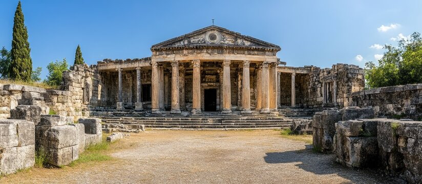 Ancient architectural marvels showcasing impressive structures and ruins of historical agoras in a stunning landscape setting.