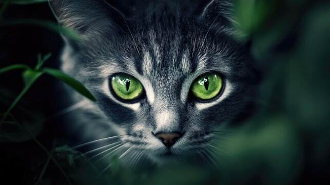 Intense gaze of a gray and white cat with striking green eyes surrounded by greenery inviting a captivating connection with the viewer