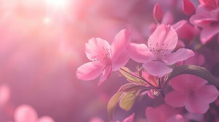 Fototapeta premium Delicate pink flowers in a serene garden setting with soft focus and warm sunlight enhancing their beauty