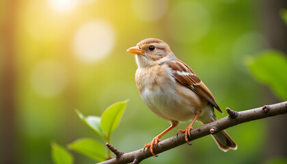 Migrating songbird perched on branch in forest at sunrise, nature's beauty